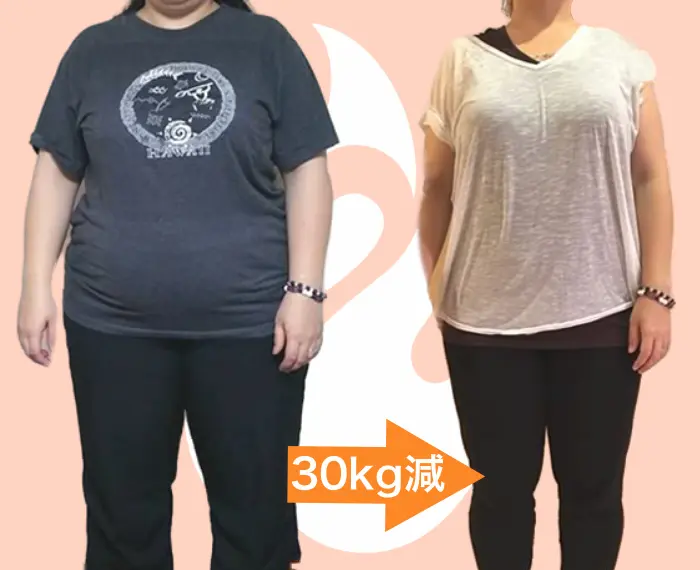 那覇のパーソナルジム「フレイム」でのトレーニングと食事指導により30kgの減量ダイエットに成功した女性のビフォーアフター比較写真